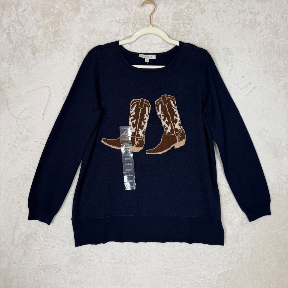 Astrologie Womens Navy Blue Cowboy Boot Intarsia Knit Sweater Medium NWT